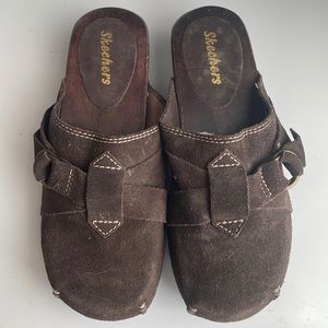 Sketchers wooden clogs platform brown leather slip on buckle suede women size 7